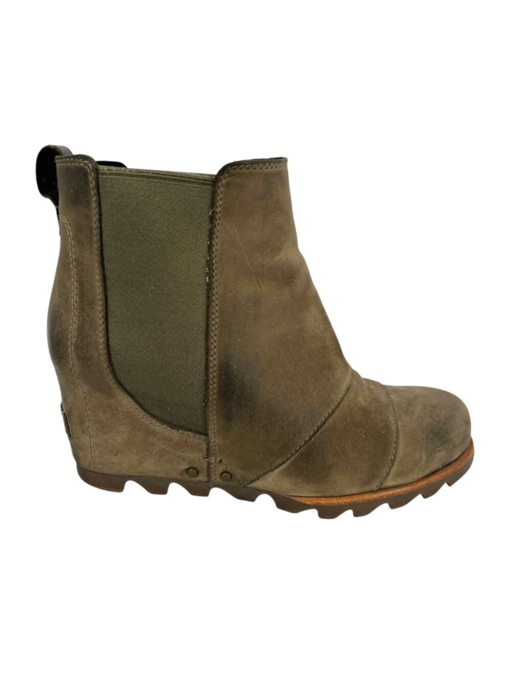 Sorel Lea Wedge Size 7 Olive Green Leather Distressed Ankle Boots Rugged Boho